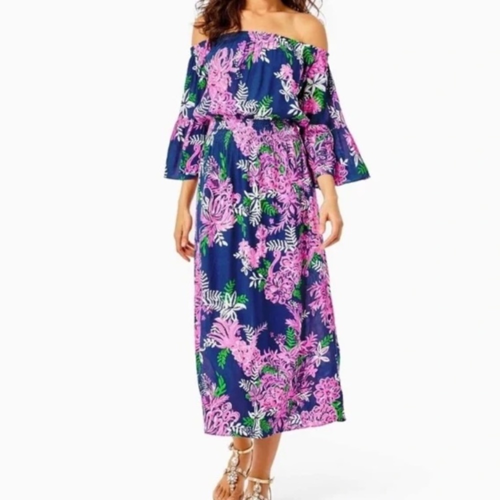 Lilly Pulitzer Ravyn Off-The-Shoulder Midi Dress Oyster Bay NWT